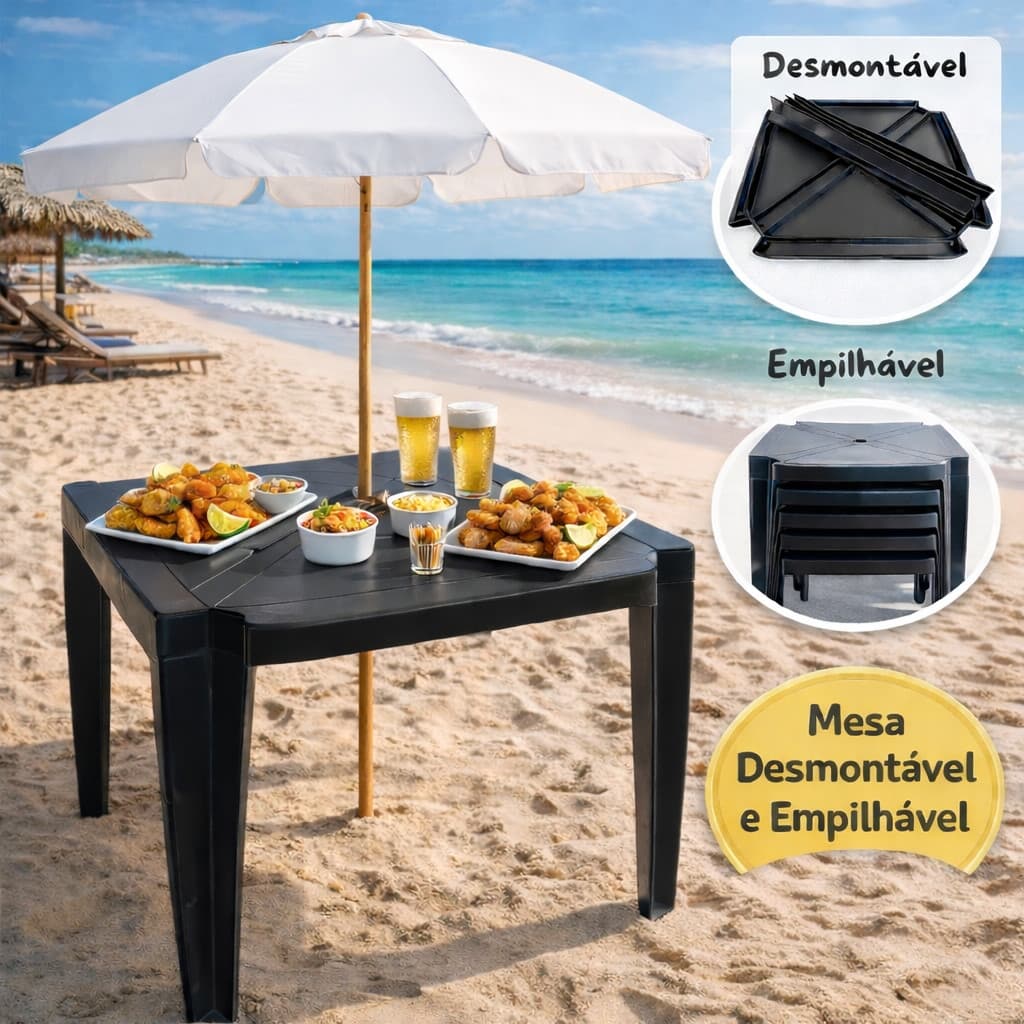Mesa de Plástico Dubai Quadrada 70x70 Multiuso Desmontável e Empilhável Para Bares Eventos Churrasco Preta
