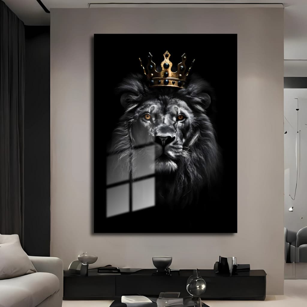 Quadro Grande Decorativo Leão Com Coroa Dourada Premium Sala Quarto Escritório