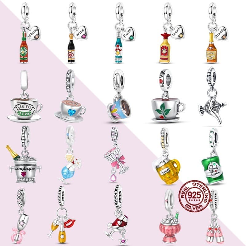 Pingente de cerveja e champanhe em prata esterlina 925, série café, contas de café da sorte, adequado para pulseiras JRT