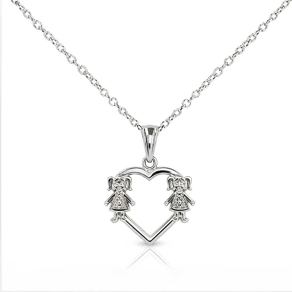 Colar Coração Duas Meninas Aço Inox Feminino Prata Pingente Filhas Hipoalergênico