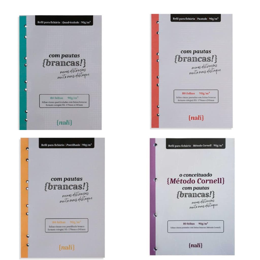 Bloco Para Fichario Nalí Pautas Brancas colegial B5 170x 245 mm 90g/m2 80 folhas - unidade