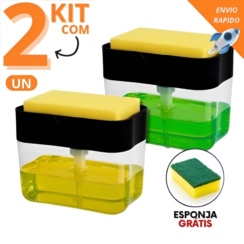Kit 2 Dispenser de Detergente Porta Sabão Líquido com Suporte Para Bucha e Esponja Limpeza Cozinha