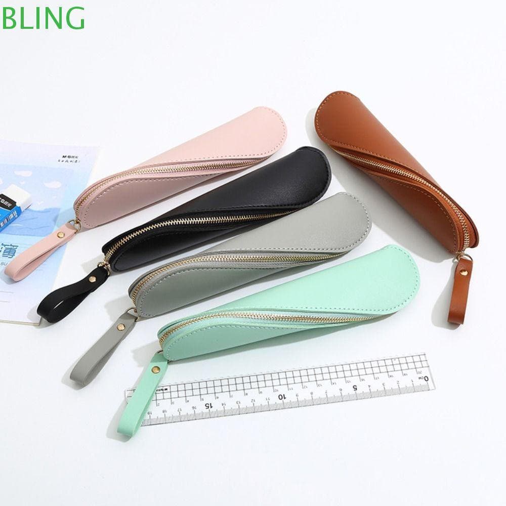 Bolsa De Caneta Com Zíper Simples BLING , Lápis Artesanal De Couro Espiral , Elegante Compacto De Design Retrô