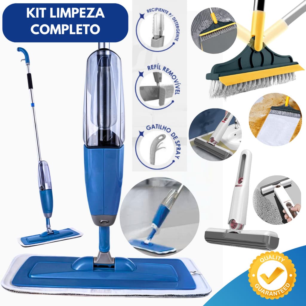 MOP Limpeza Completa Spray com Reservatório + Escova Rodo 2x1 + Mini MOP para Faxina Rápida