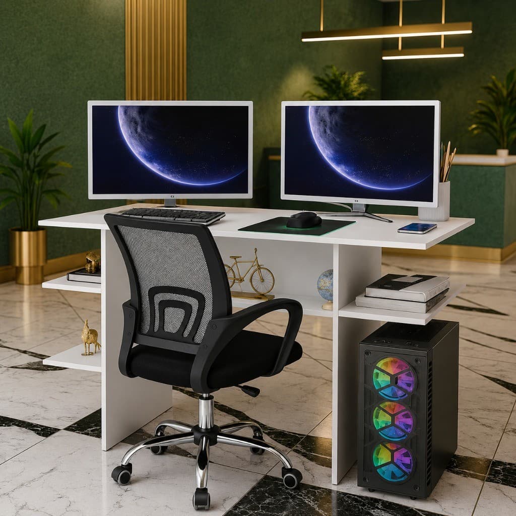 Kit Escritório Completo Mesa Gamer Com Suporte CPU + Cadeira Executiva Preta
