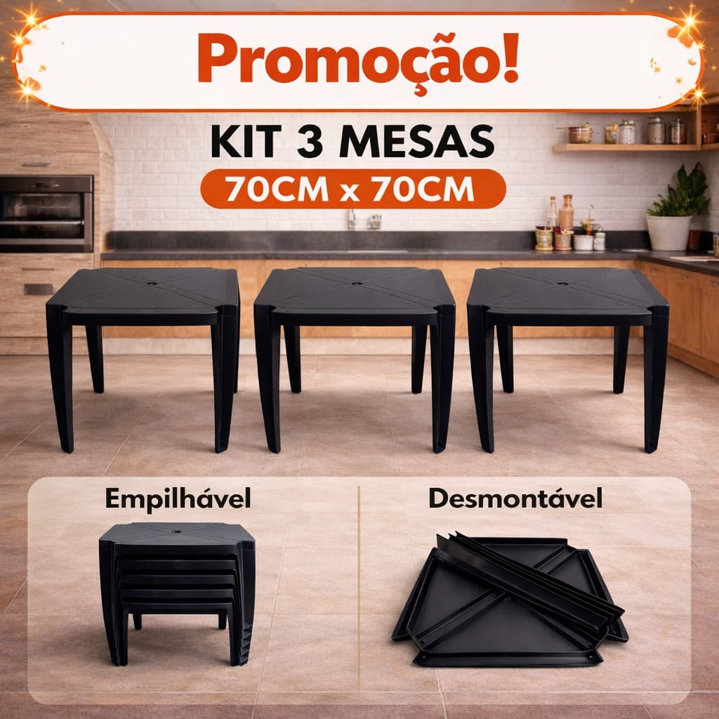 Kit 3 Mesas Dubai 70x70cm Pretas Multiuso Reforçadas Empilháveis e Desmontáveis