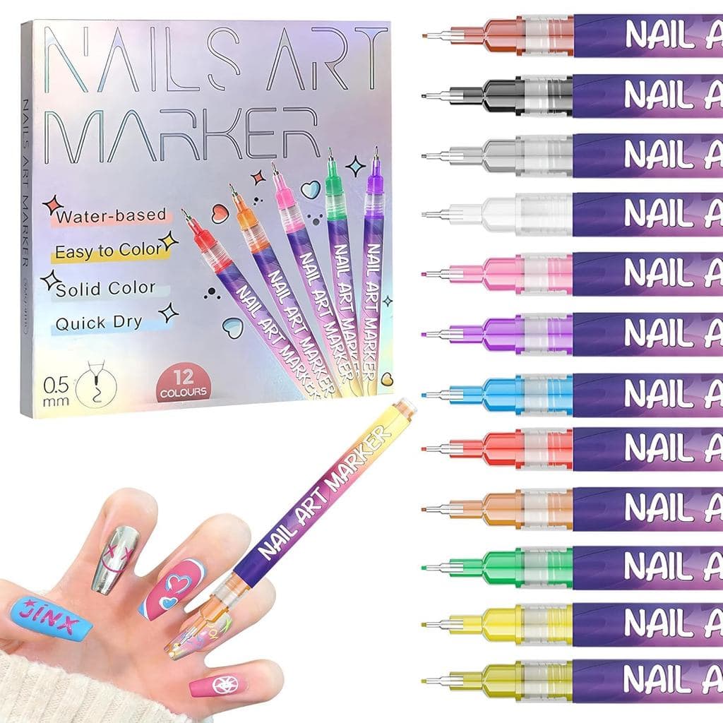 Conjunto de Canetas para Arte de Unhas YUEUR com 12 Cores, Marcadores de Esmalte com Ponta Fina, Kit de Arte de Unhas de