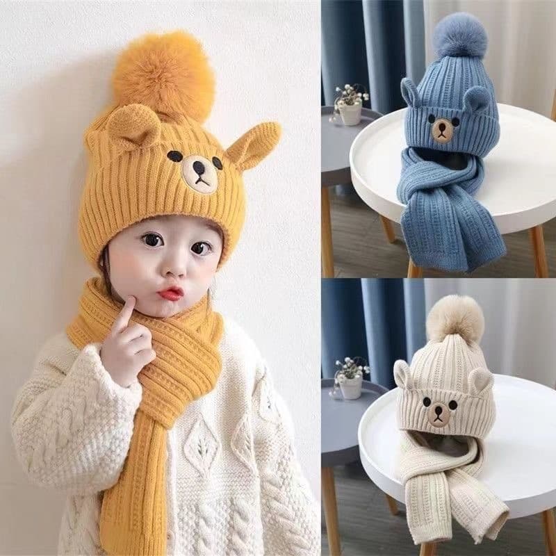 2 Peças/Conjunto de Gorro e Cachecol para Bebê, Bonito com Pompom, de Lã Tricotada para o Inverno, Gorro Quente para Cri