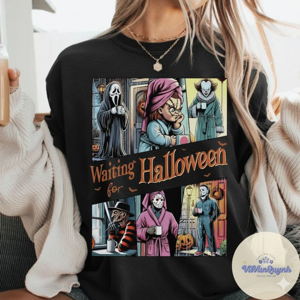 Camiseta Masculino Feminino Fofo Camisa Aguardando Personagens de Terror do Halloween Algodão Premium