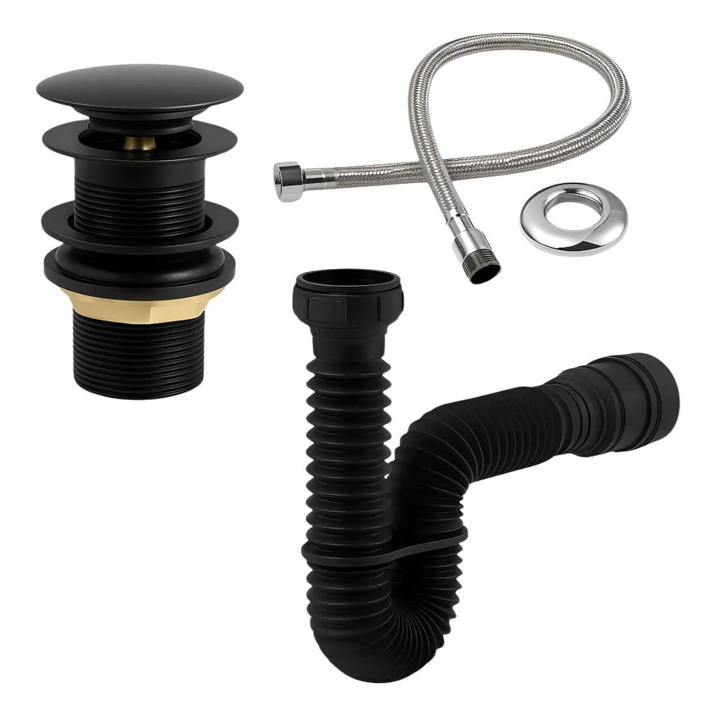 Kit para Pia, Sifão Preto com Válvula 7/8 e Engate Trançado em Aço Inox