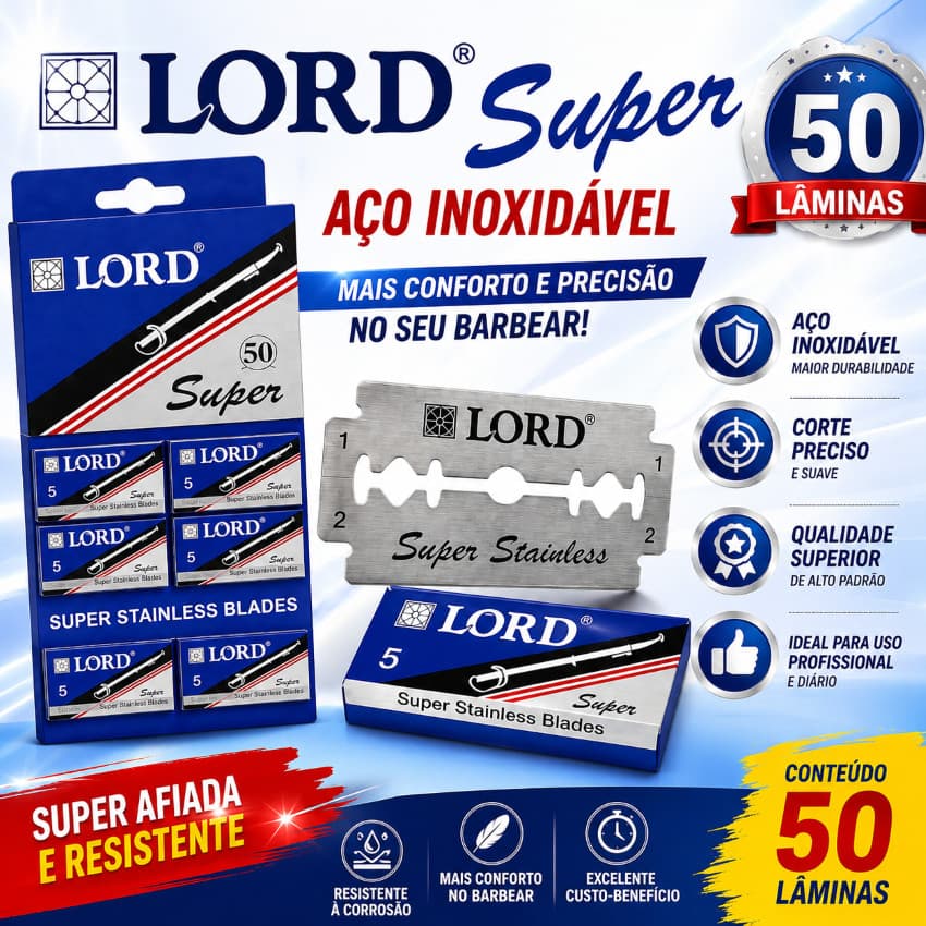 Cartela Original Lâminas Lord Super 50 Unidades Barbear Profissional