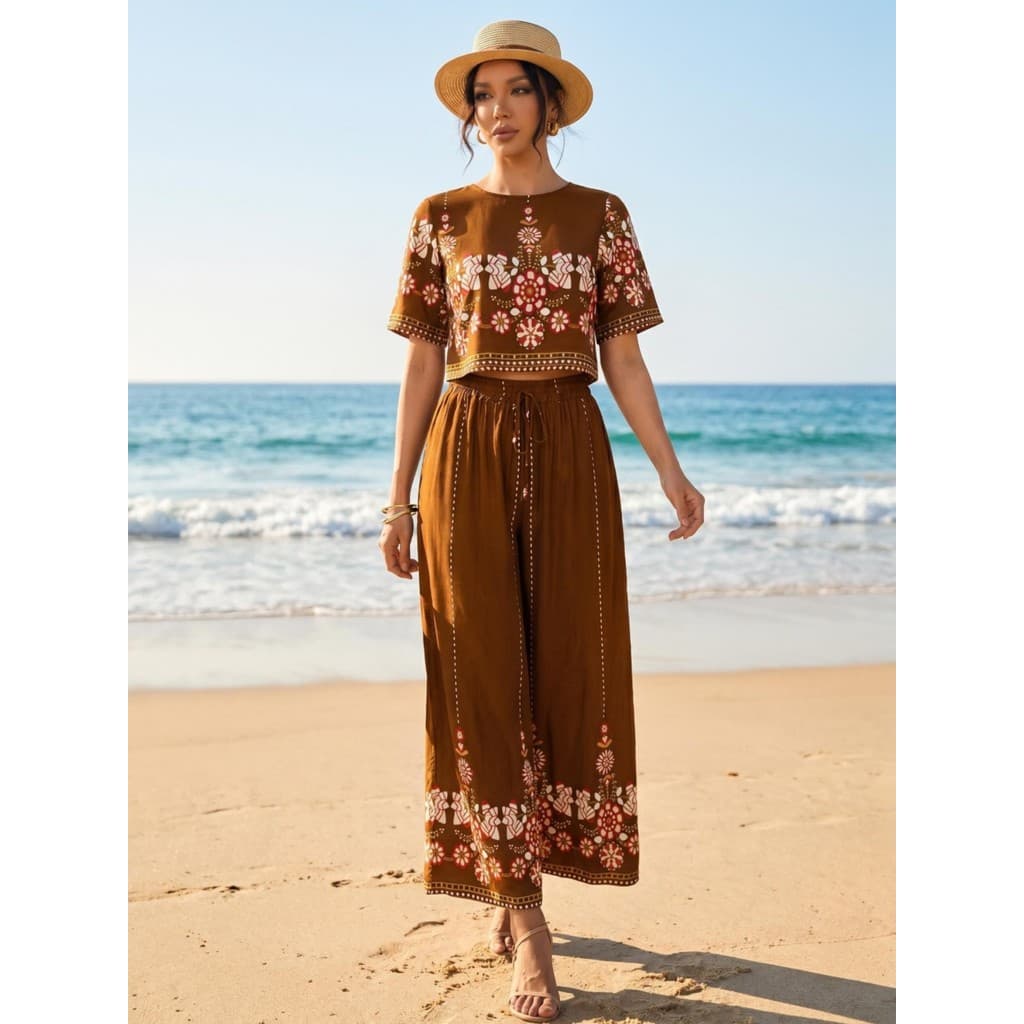 2 Peças Conjunto De Top E Calça Estampada Com Flores Para Mulheres, Conjunto Casual Para Férias
