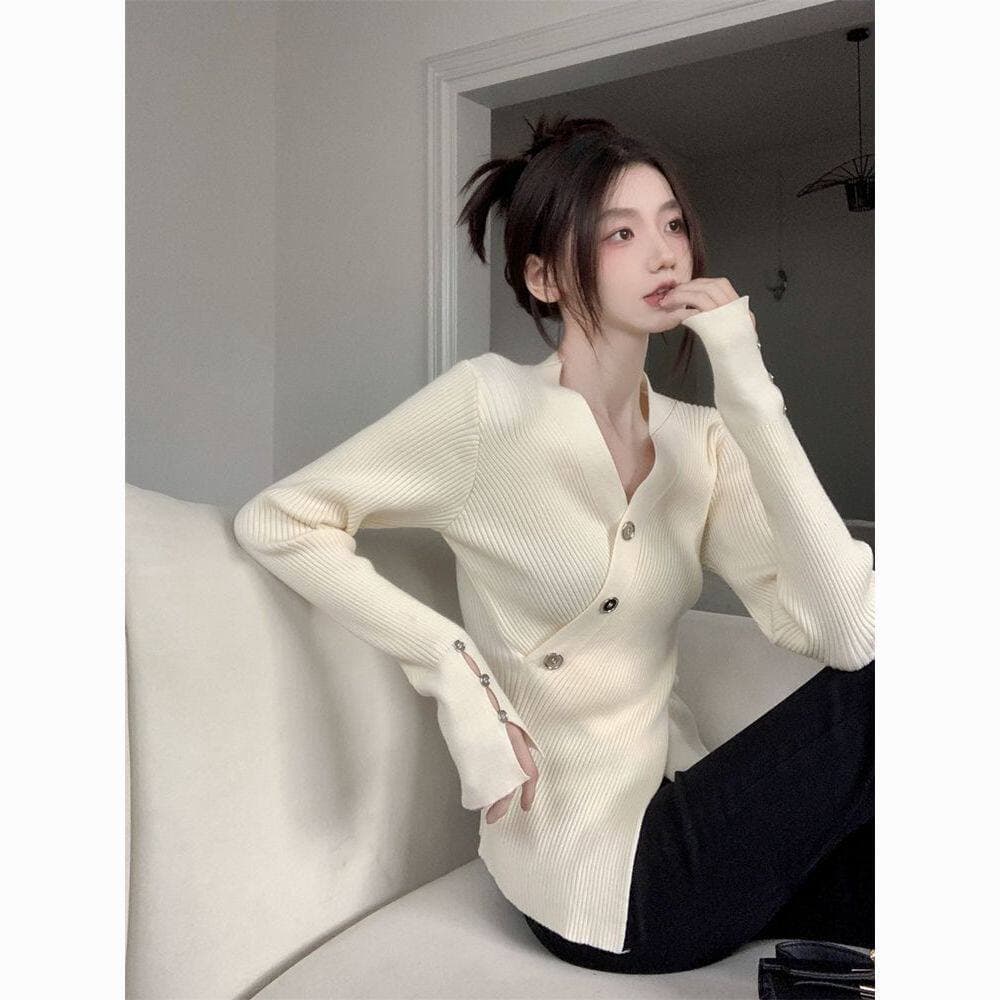 Outono topo feminino linda cruz com decote em v Irregular camisa de fundo outono inverno High-End camisola malhas intern
