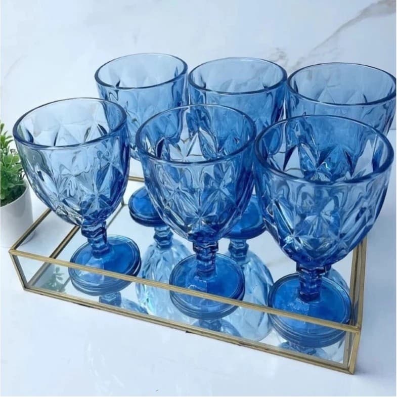 Jogo 6 Taças Vidro Diamond Azul 330ml Copos Taças Platinado Mesa Cozinha Eventos Elegância Visitas