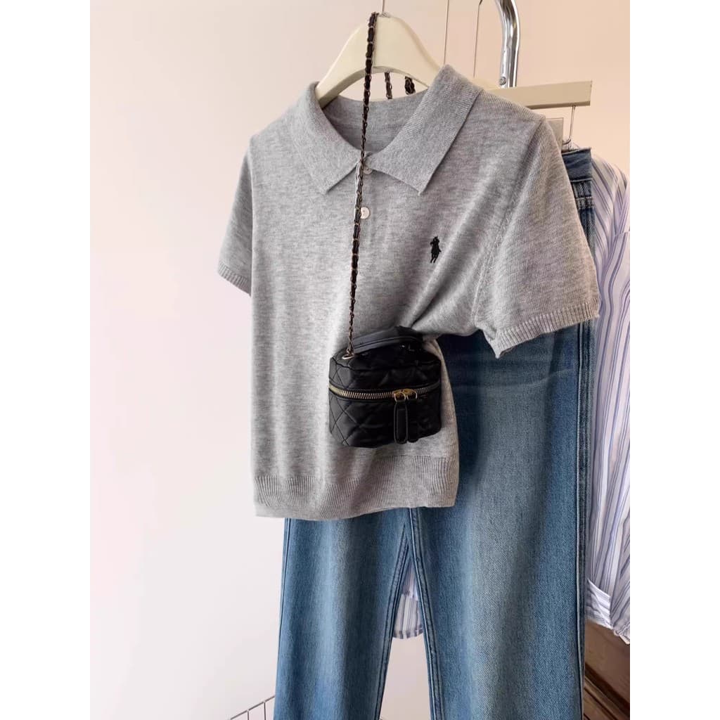 Plus Size feminino europeu gola polo bordado de manga curta camiseta feminina verão solto mais magro olhar lapela genuín