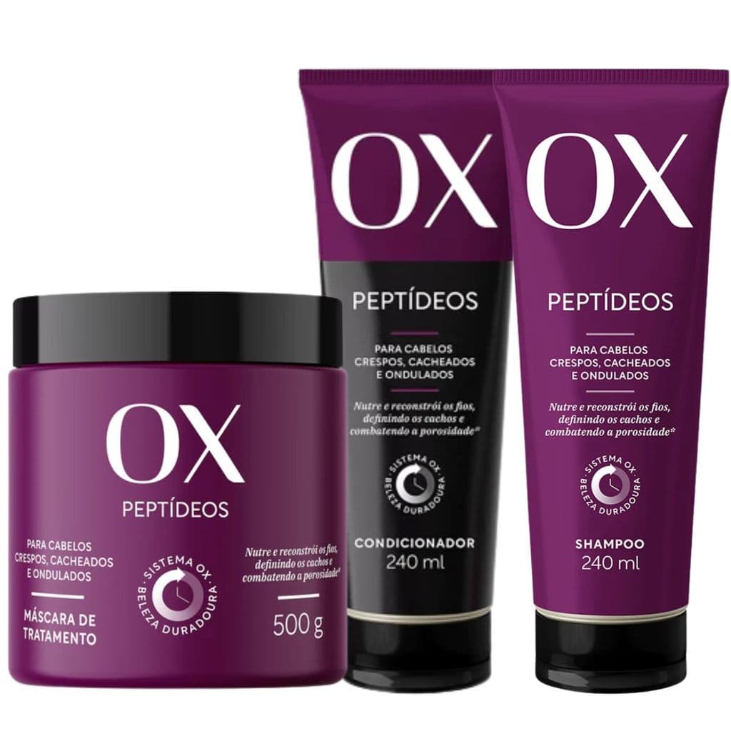 Kit Ox Peptídeos Duo Cabelos Crespos, Cacheados e Ondulados Shampoo Ativos Condicionador Ativos Máscara de Tratamento 50