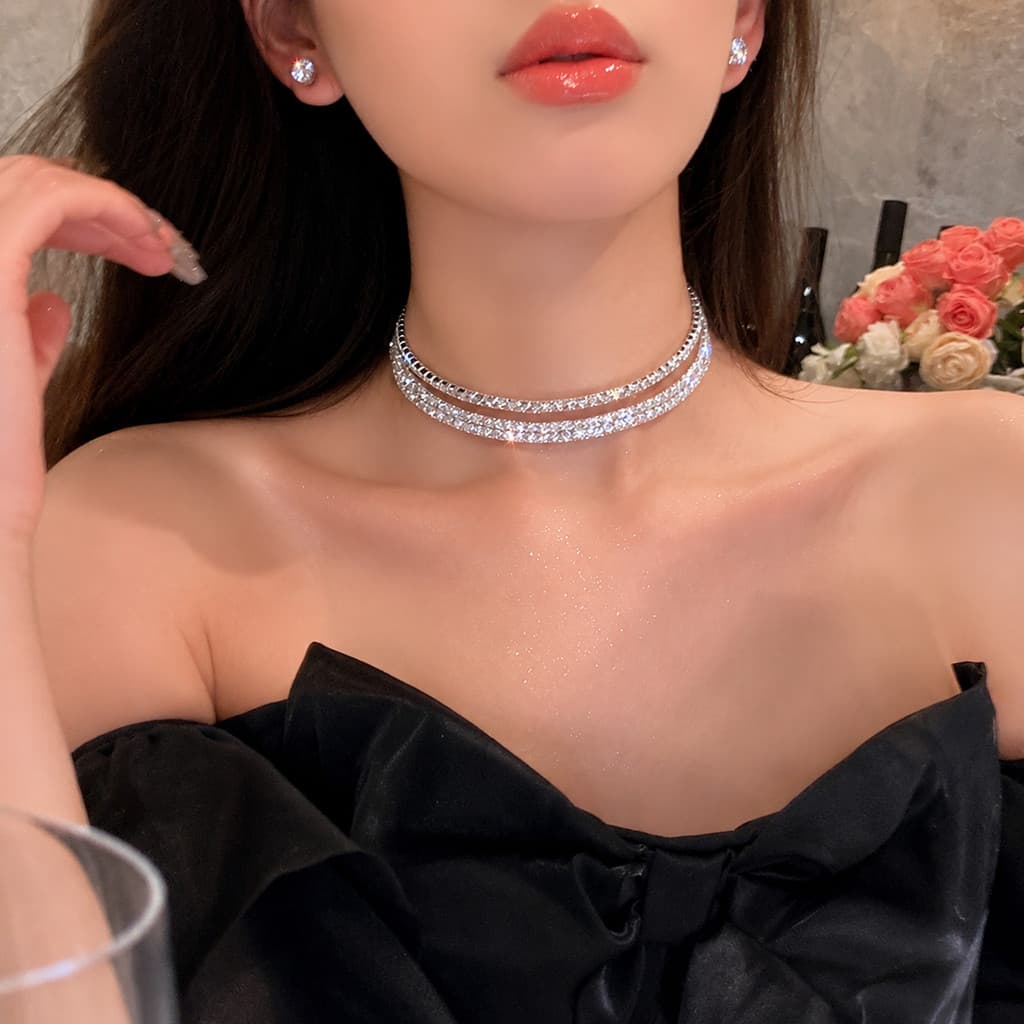 Colar Choker de Strass Feminino Brilhante Dupla/Única/Tripla Camada Festa Luxo