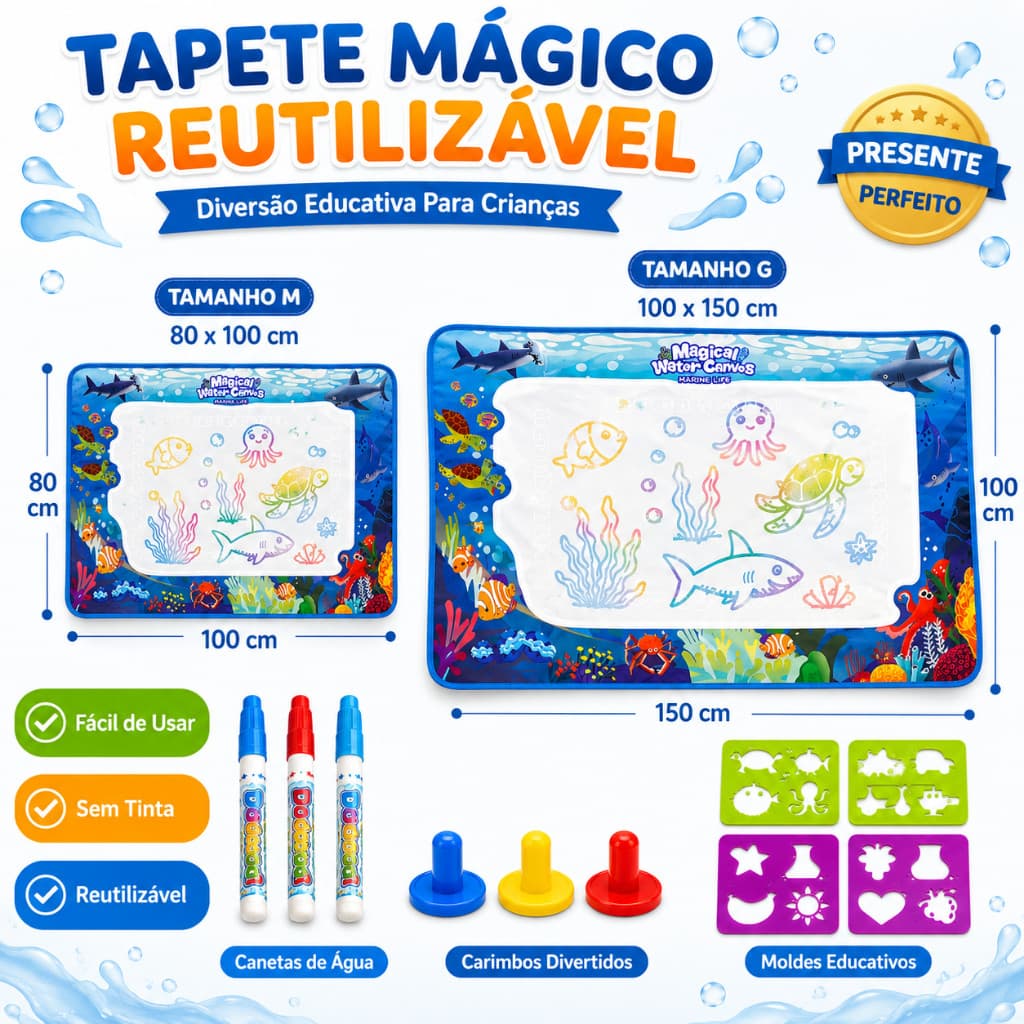 Tapete Mágico de Água Infantil Reutilizável Educativo Desenho Sem Sujeira com Canetas e Moldes
