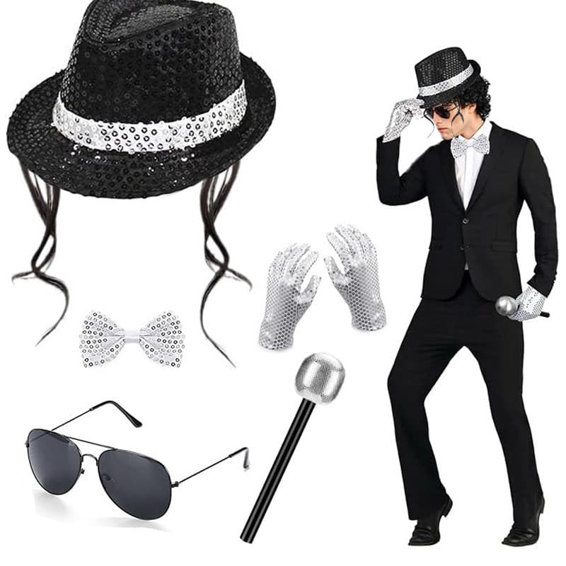 Conjunto de luvas de gravata com chapéu de lantejoulas para desempenho de palco DISCO Michael Jackson Acessórios de vest