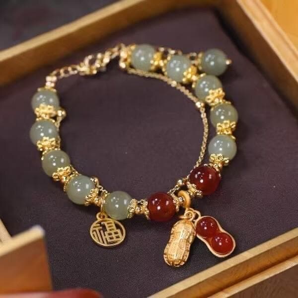 Pulseira De Contas De Jade Verde De Camada Dupla Com Pingente De Amendoim Presente De Joia Sorte