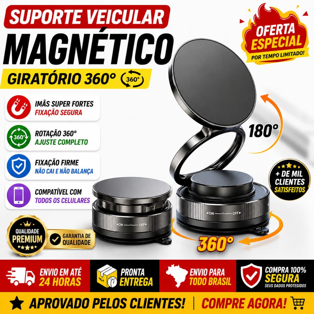 Suporte Magnético Para Celular Fixação Com Ventosa Giratório 360 Graus Dobrável Veicular Automotivo