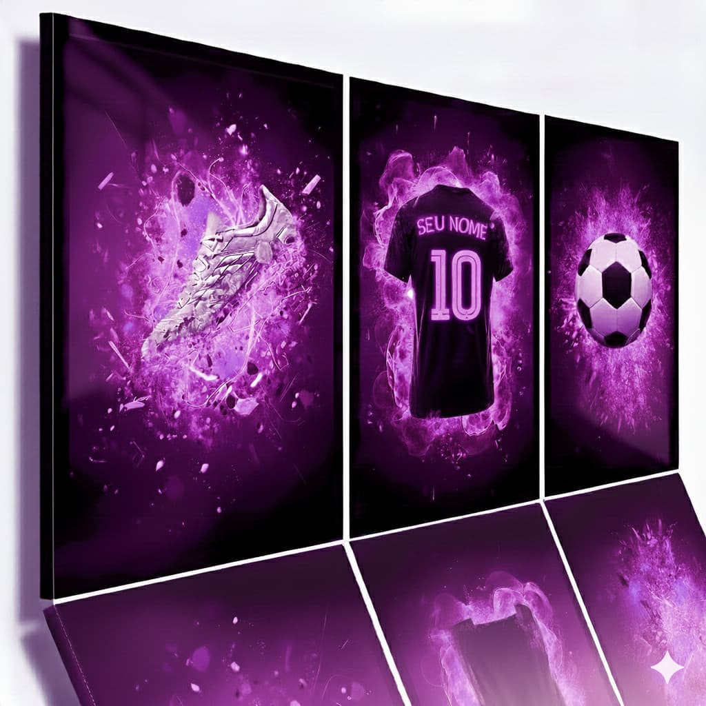 Quadros decorativo 3 Peças Tons Roxo Futebol Chuteira Personalizado Bola 120x60