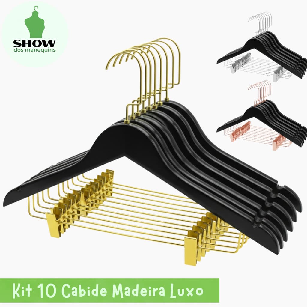 Kit 10 Cabides de Madeira Preto com Presilha Luxo | Ideal para Closet e Loja