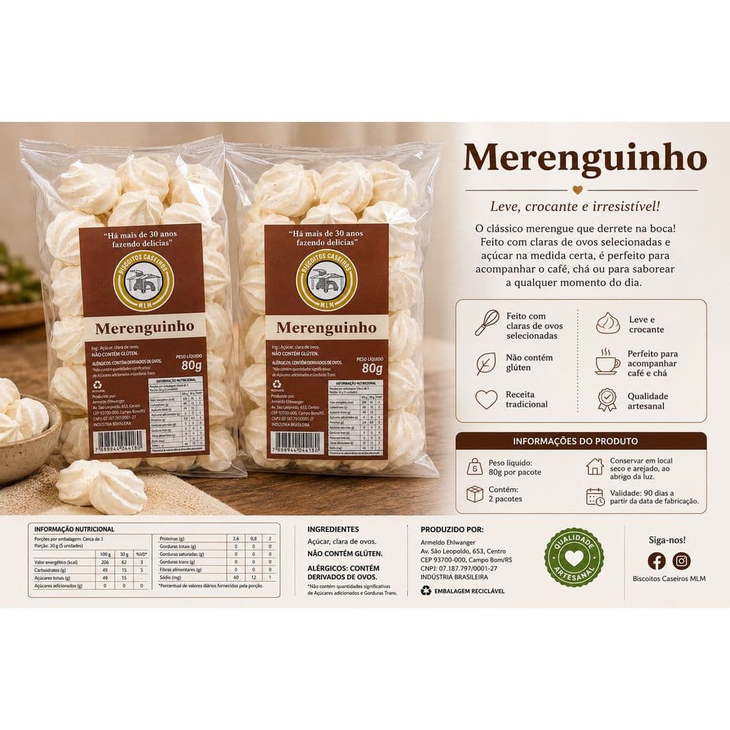 Merenguinho Crocante Tradicional Caseiro 80g Artesanal Gourmet