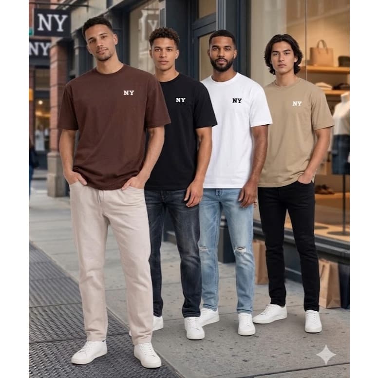 Camiseta Tradicional Cores Terra Estampada NY  Marrom Bege Branco  100% Algodão