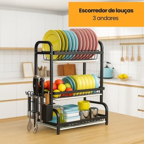 Escorredor Loucas Organizador 3 Andares Capacidade Grande Preto Cozinha