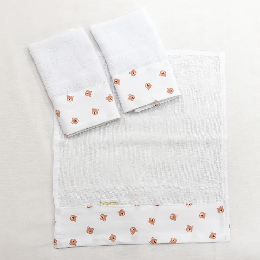 Kit Fralda de Boca 03 peças barrado estampado Baby Ted Branco
