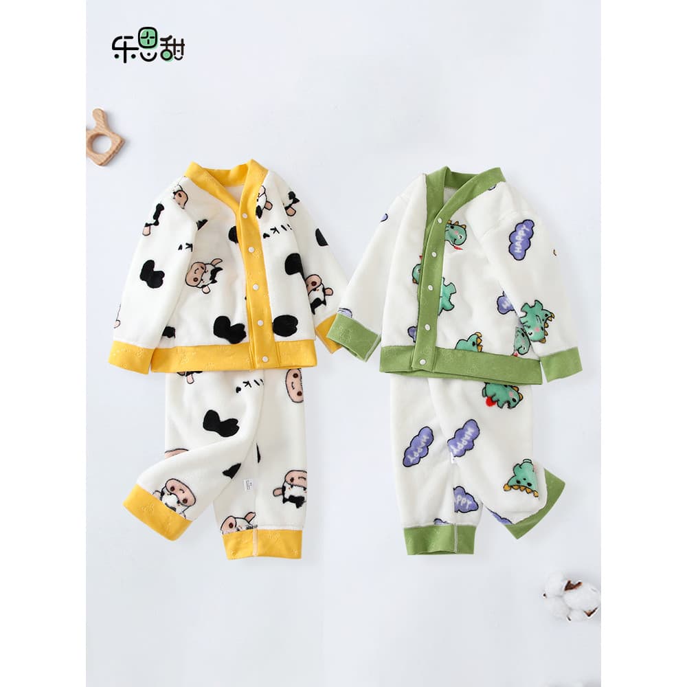 Conjunto de pijamas de bebê outono inverno forro de lã roupas quentes engrossado dupla face velo roupas de casa das cria