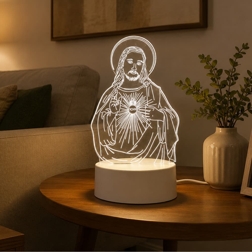 Abajur Religioso Luminária Jesus LED 3D Luz Noturna Decorativa Mesa Quarto