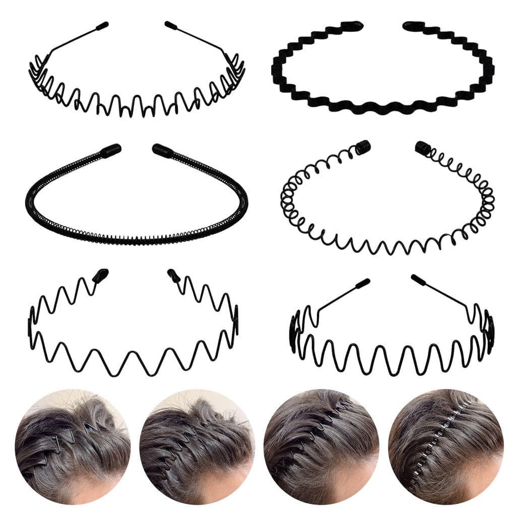 6 faixas de cabelo de metal, arco ondulado com mola, unissex, faixa de cabelo preta para penteados arrumados, antiderrap