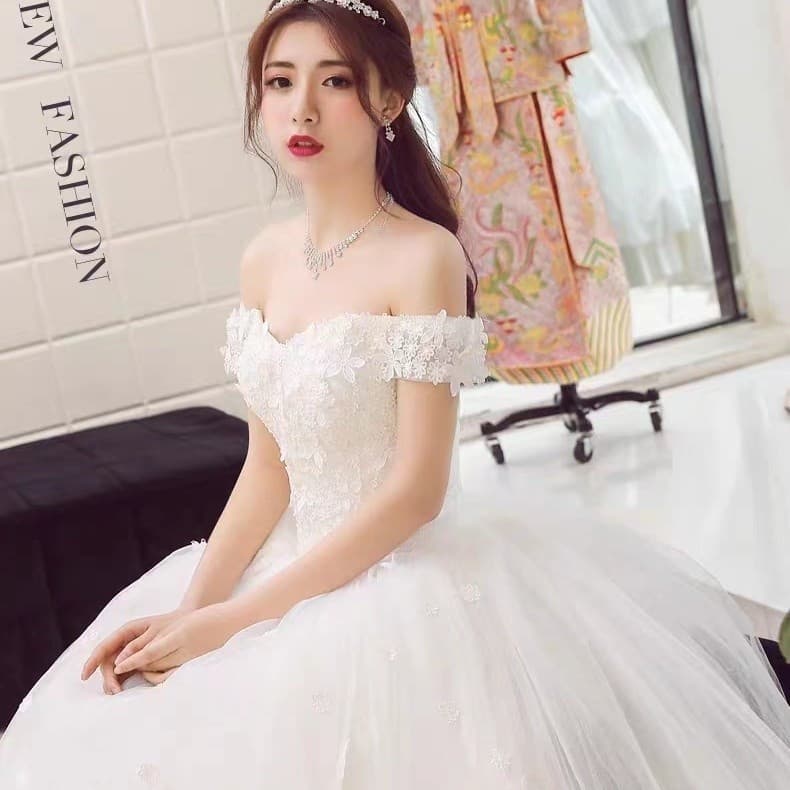 Vestido de noiva de um ombro só com flor adesiva, estilo princesinha (véu grátis incluído) Super Fairy Slim-fit leve 202