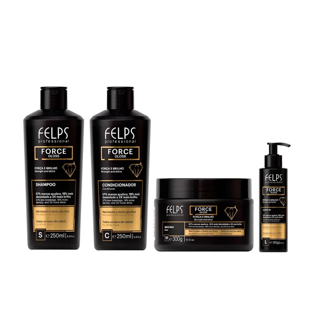 Kit Force Gloss ( Força e Brilho ) Shampoo 250ml + Cond 250ml + Máscara 300g + Leave-in 120ml - Felps Professional