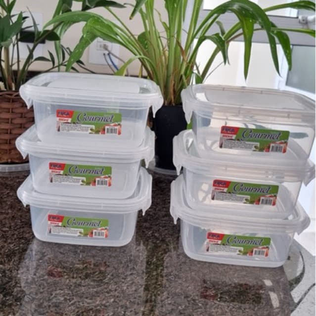 KIT COM 6 Potes Marmitas Quadrada Fitness 850ml com Trava Grande