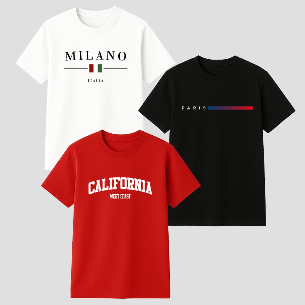 Kit 3 Camisetas Algodão Milano Paris Califórnia Várias Cores Qualidade Premium Casual