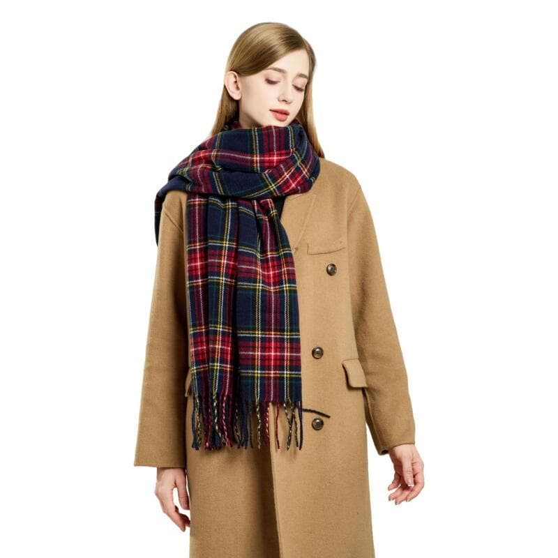 Cachecol Feminino Xadrez com Franjas, Cachecol de Pescoço Quente de Caxemira Sintética da Moda