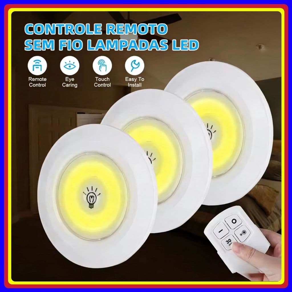 Kit 3 Lâmpadas Luminária de Led Spot Sem Fio Controle Remoto Cor Branco Pilha AAA
