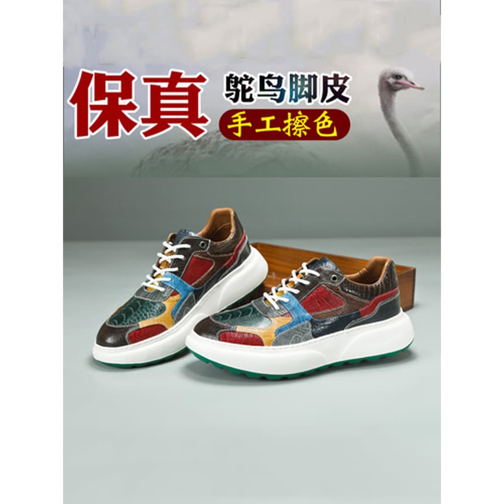 Sapatos casuais de couro para pés de avestruz de alto brilho, sapatos masculinos de couro de avestruz, sola plataforma,