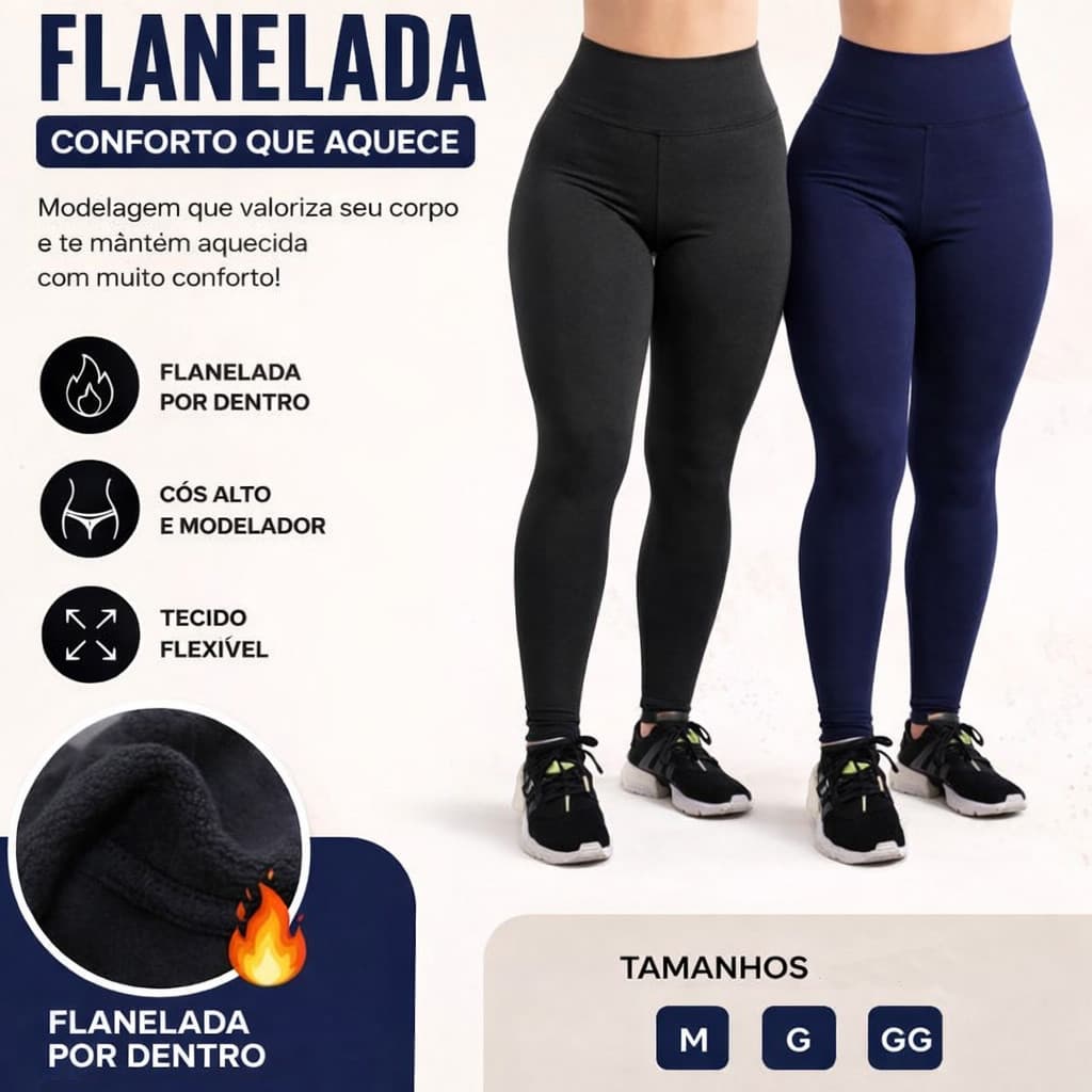 Kit 2 Calça Feminina Flanelada Legging Academia Suplex Cintura Alta Confortável