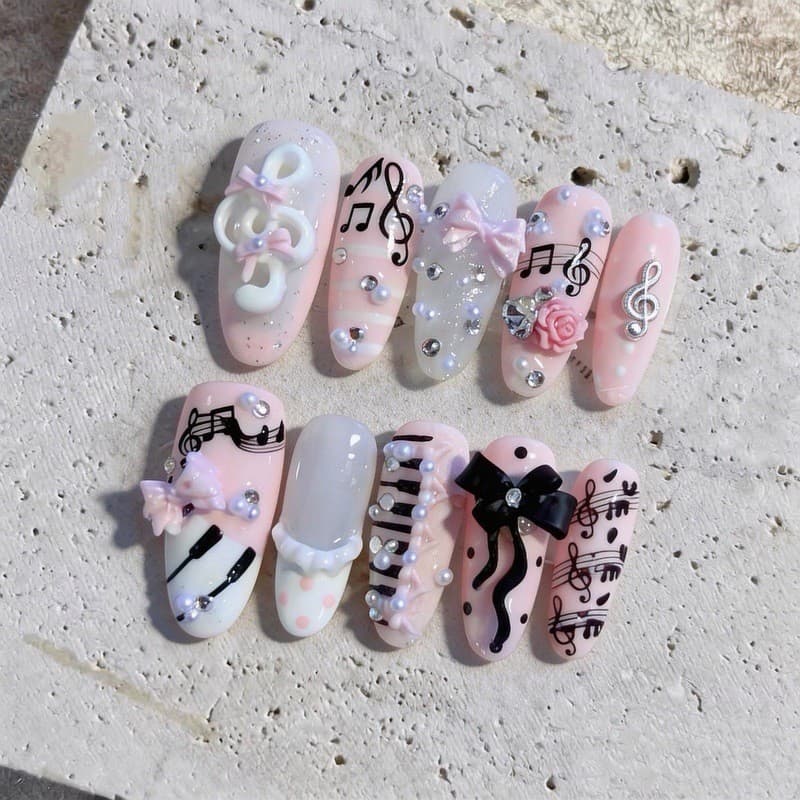 Y2K Rosa Preto Música Nota Bolinhas Francês Oval Artesanal Imprensa Em Unhas Doce 3D Arco Pérola Diamante Arte Do Prego