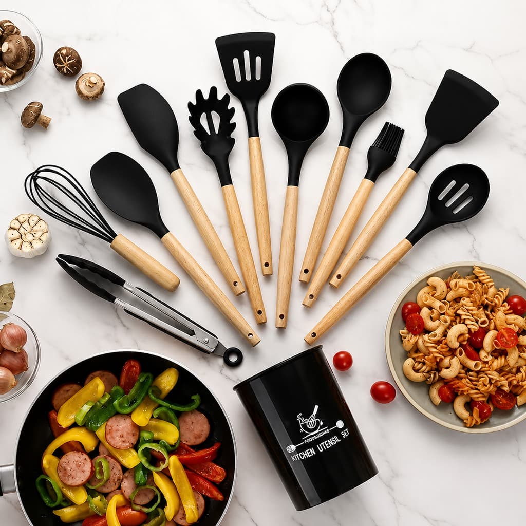 Kit Utensílios de Cozinha Silicone 12 Peças Completo Antiaderente Resistente com Suporte