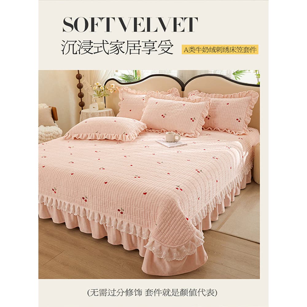 W inverno bordado leite veludo capa de cama peça única engrossado quente Tatami com saia velo folha capa três