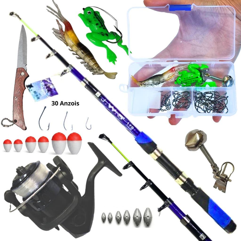 Kit Pesca Lambari e Tilápia Vara + Molinete + Linha  + 30 Anzol  e Acessórios