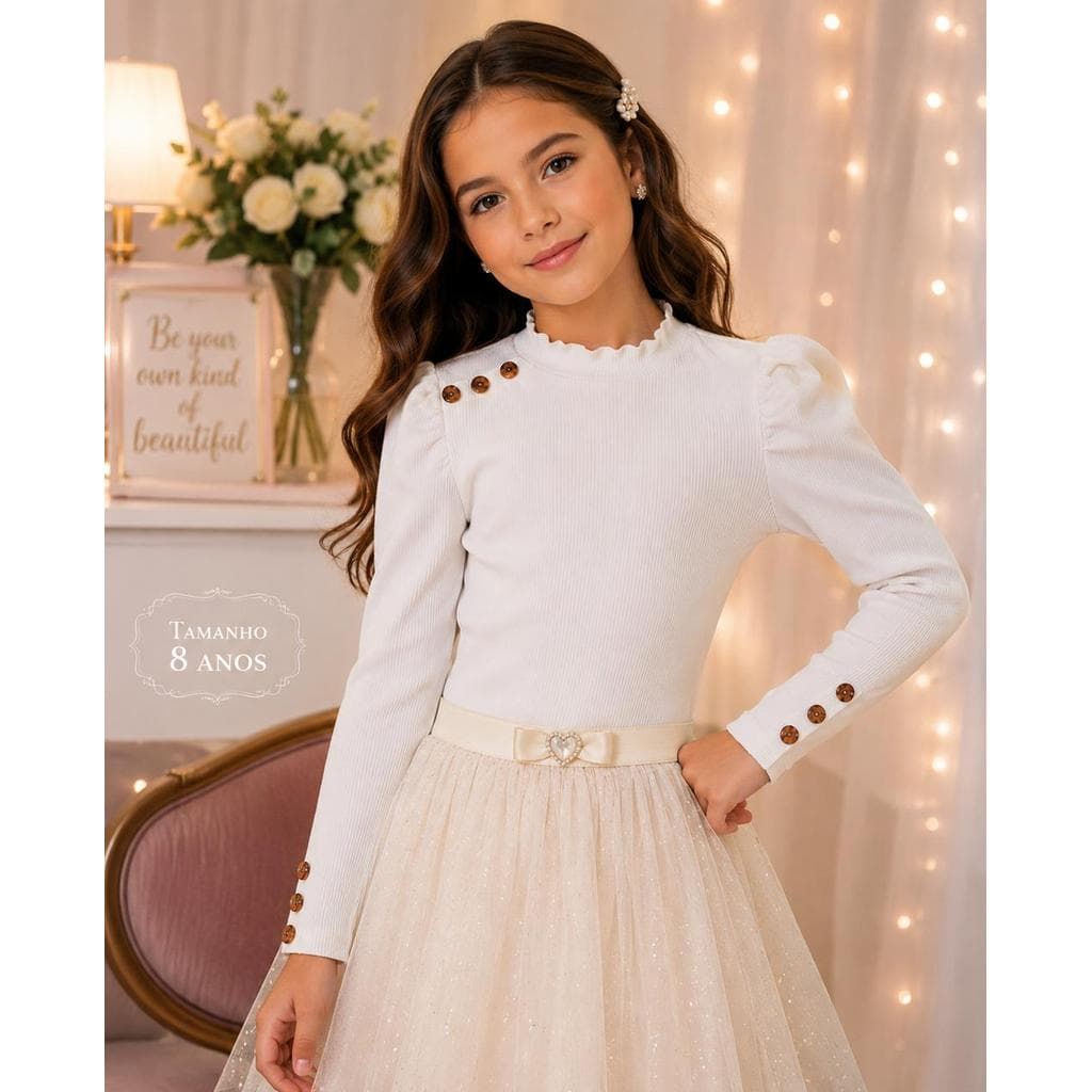 Blusa Infantil Feminina Manga Longa Ana Ruga Botões na Manga e Gola Elegante