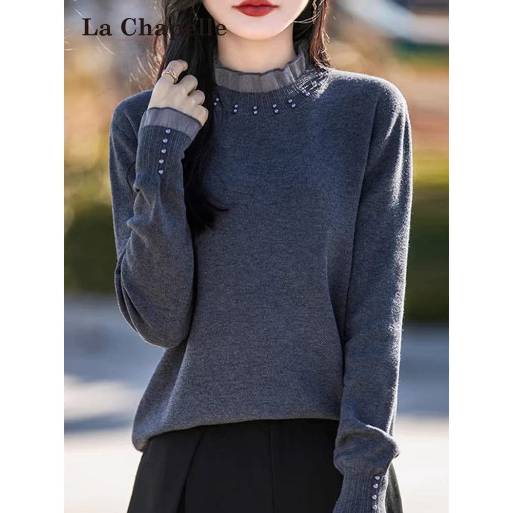Laxia sino renda camisa de fundo feminina primavera outono estilo ocidental malha topo Plus Size feminino outono inverno