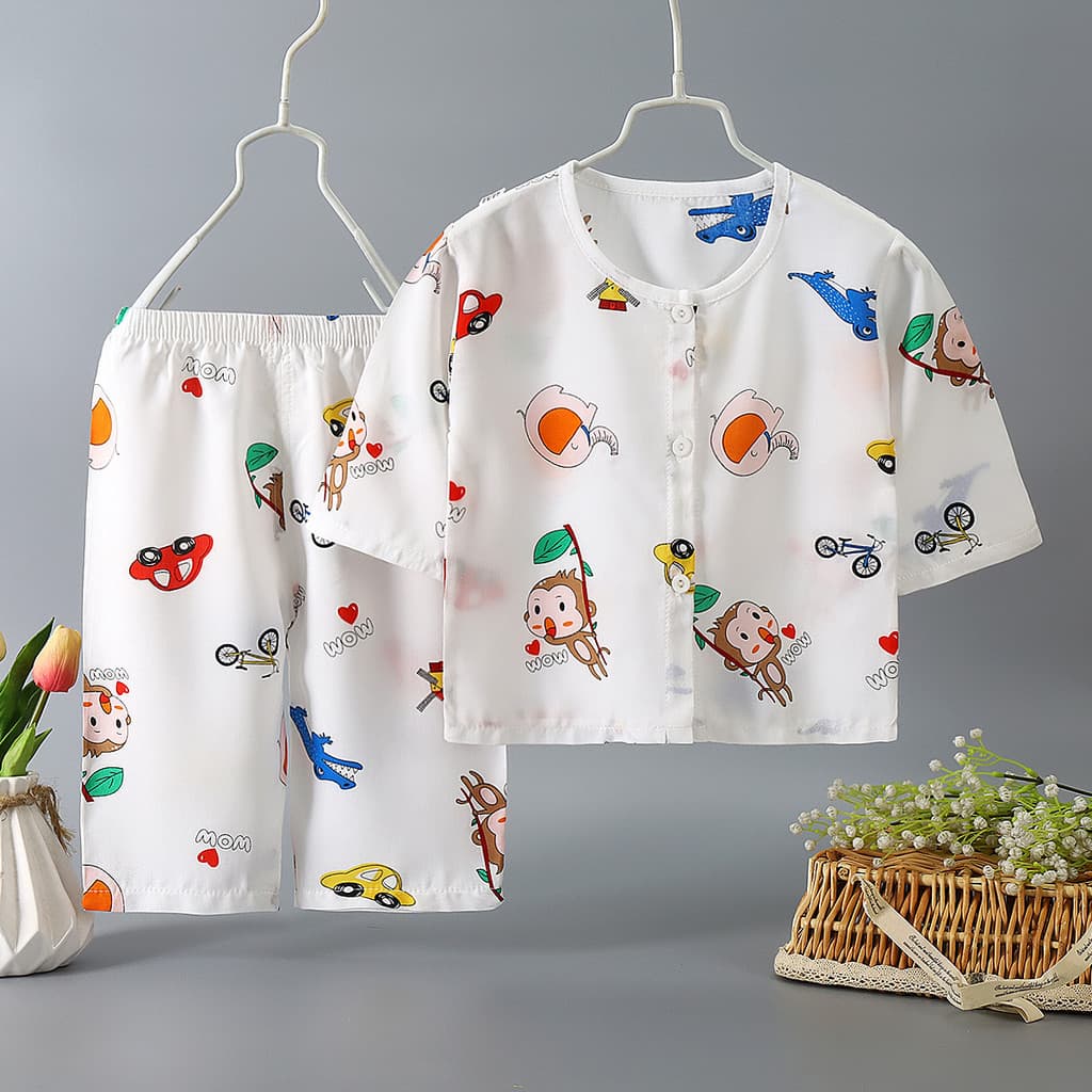 2026 conjunto de pijamas de seda de algodão infantil verão bebê fino Cardigan Loungewear algodão seda ar condicionado ro