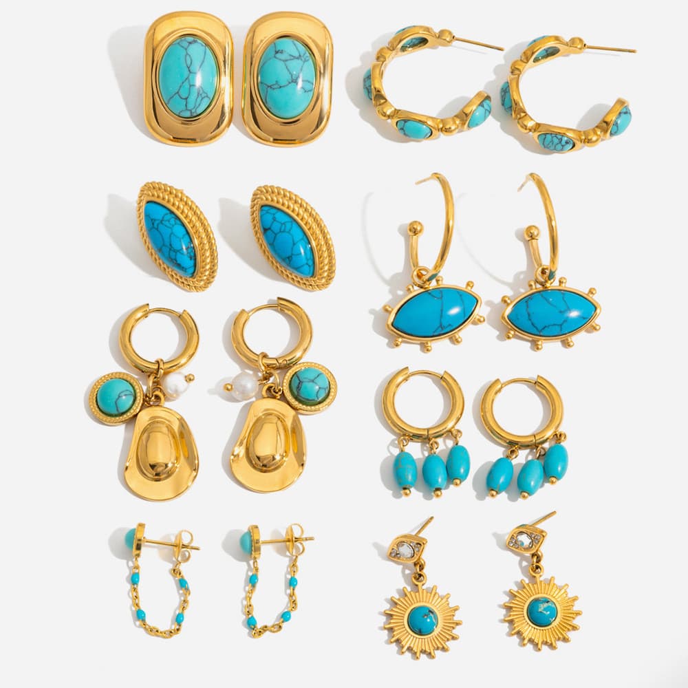 Brincos femininos azul turquesa aço inoxidável banhado a ouro 18K hipoalergênico não desbotado